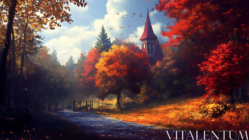 Autumn forest road leading to distant red roof tower.