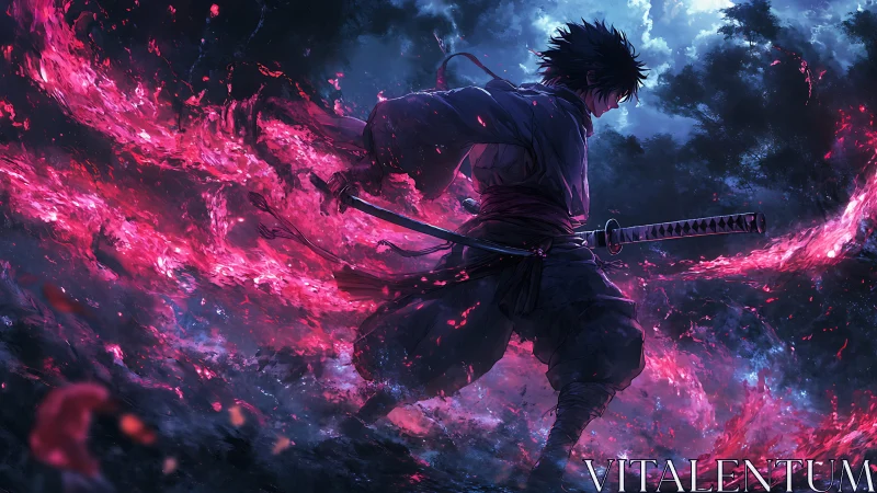 Nocturnal katana vector enveloped in crimson plasma arcs.