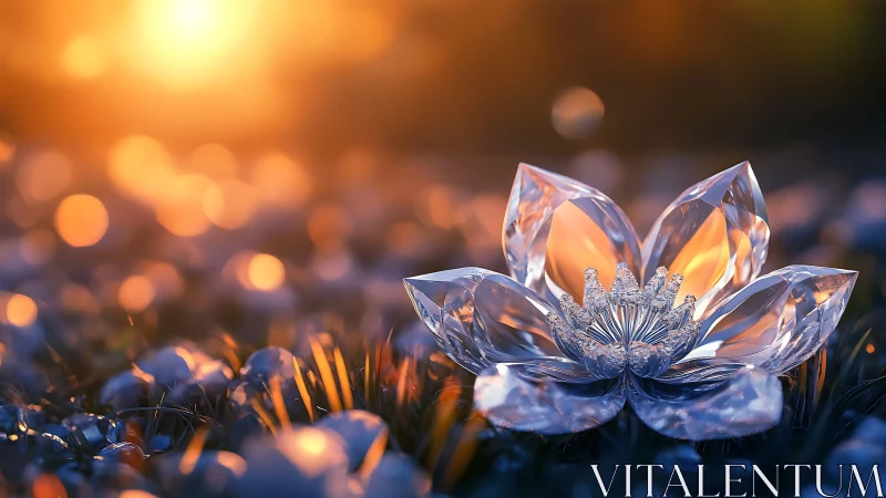 Crystal lotus with refractive petals illuminated by warm sunset bokeh