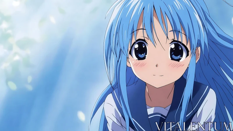Blue haired schoolgirl under soft dappled sky light.