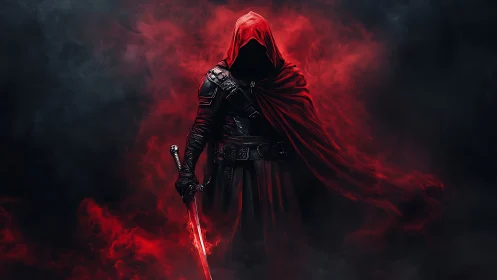 Red hooded swordsman emerges from swirling crimson smoke.