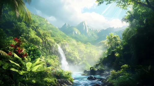 Sunlit jungle waterfall and misty emerald mountain valley.