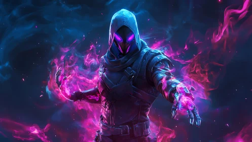 Hooded mage commands neon violet flames in void storm
