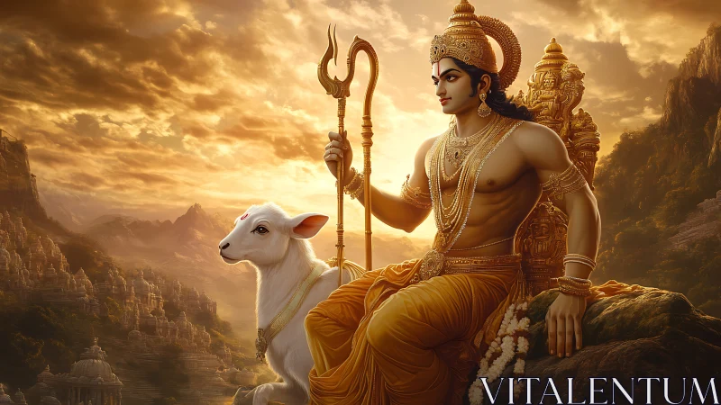 Seated deity with staff and calf in detailed mountain landscape.