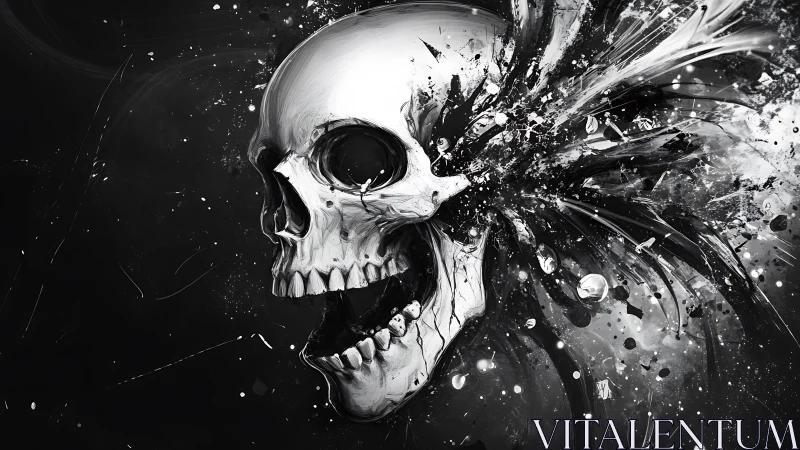 Monochrome exploding skull rendered in dynamic digital strokes