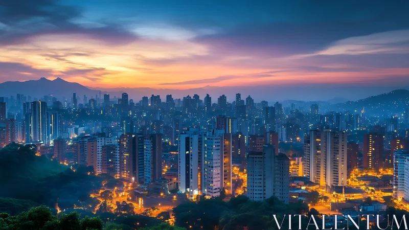 Photorealistic dusk skyline with layered urban high-rises.
