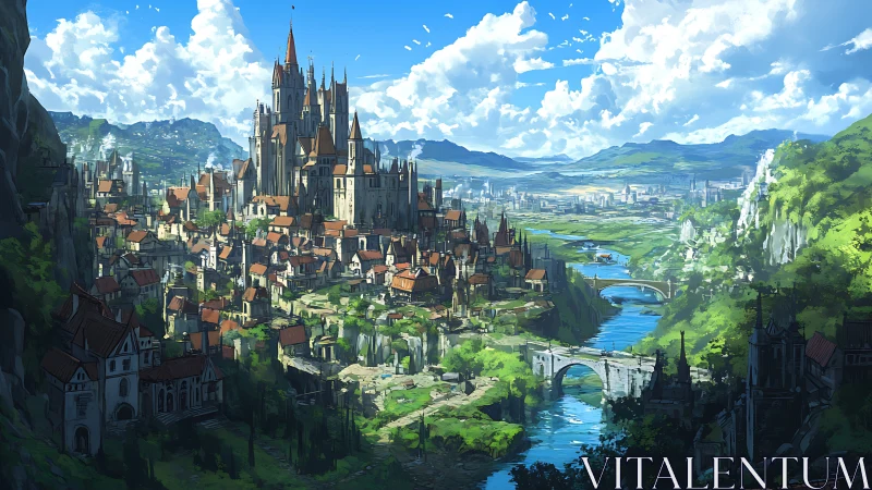Sunlit riverside citadel overlooking a sprawling valley realm.