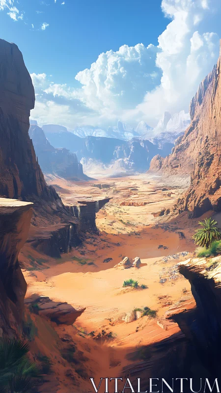 Sunlit canyon riverbed dreaming under cathedral clouds.