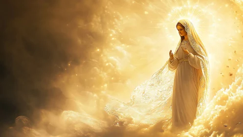 Radiant holy figure walks through luminous golden clouds.