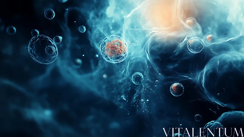 Soft cosmic cells drifting through glowing blue currents.