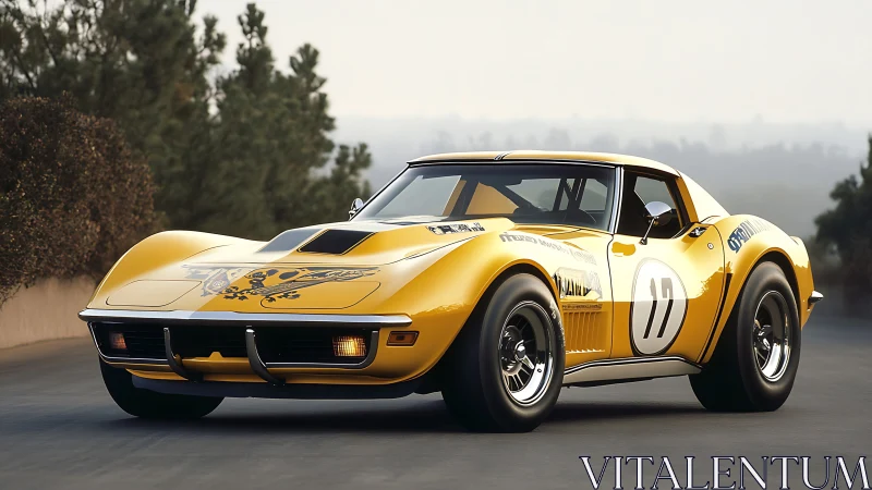 Widebody vintage race car with period graphics on mountain road