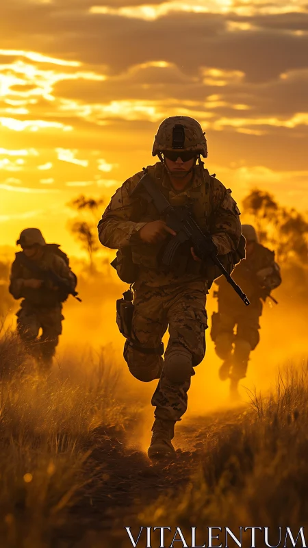 Soldiers sprint through blazing sunset dust on patrol