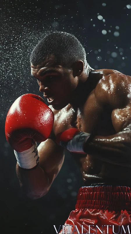 Boxer in Motion with Red Gloves and Sweat Spray