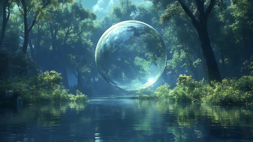 Glowing forest sphere hovering over a quiet reflective river.