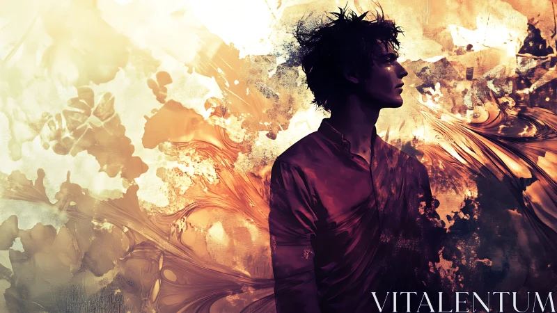 Solitary silhouette bathed in molten abstract lightscape.