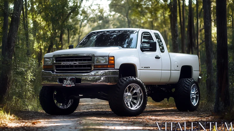 Lifted white GMC off-road truck with chrome wheels in forest.