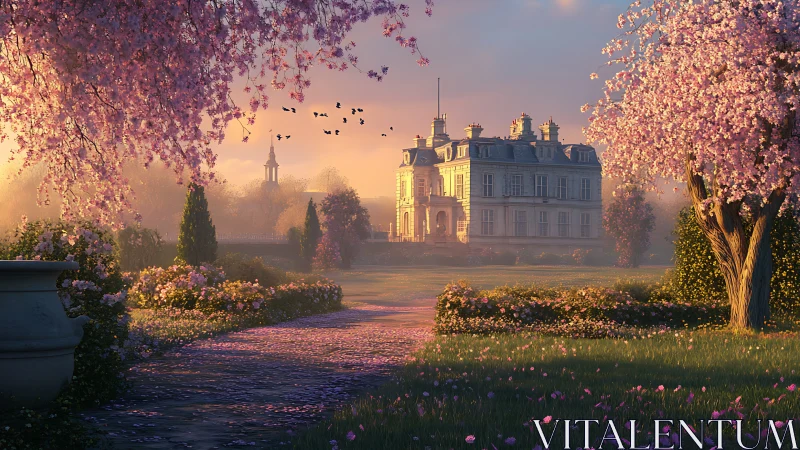 Sunlit neoclassical chateau framed by blooming cherry trees at dawn