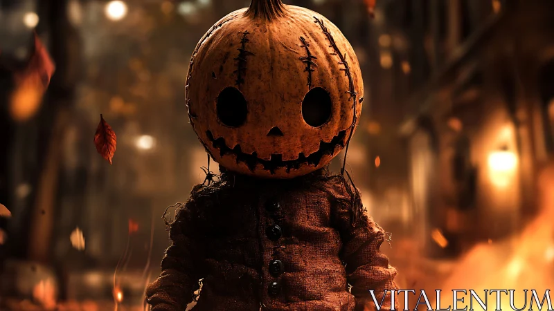 Pumpkin-headed scarecrow doll in shallow depth Halloween street
