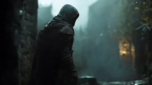 Cloaked rogue pauses in misted medieval alleyway at dusk