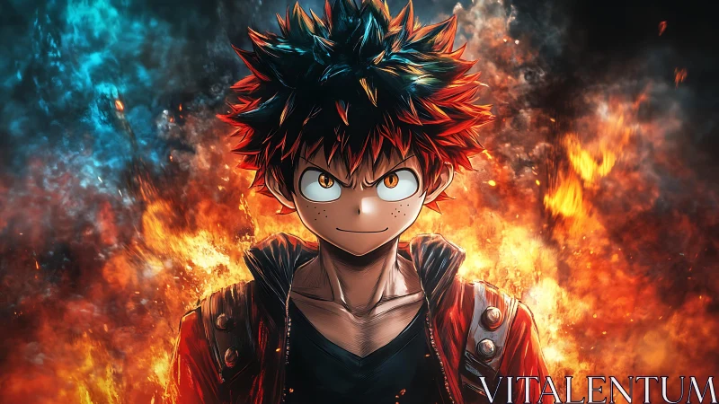 Fiery young hero grins while twin elements collide behind
