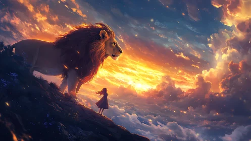 Majestic lion and girl on cliff at luminous sunset cloudscape