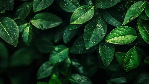 Rain-kissed green leaves glow through deep natural shadows.