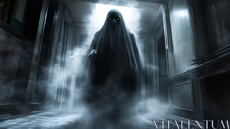 Volumetric-lit spectral figure advances through fog-laden hallway
