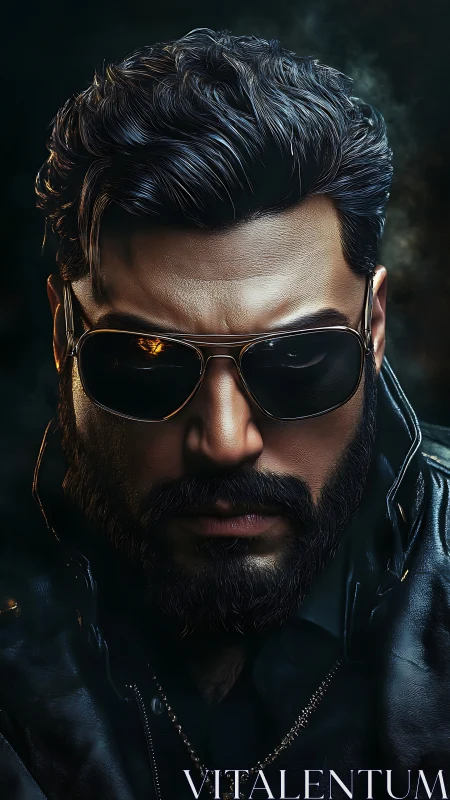 Cinematic close-up of bearded man in leather jacket and shades