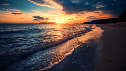 Sunset light over tranquil shoreline and reflective waves.