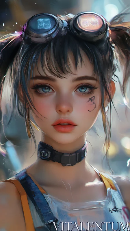 Cyberpunk mechanic girl portrait with goggles and collar