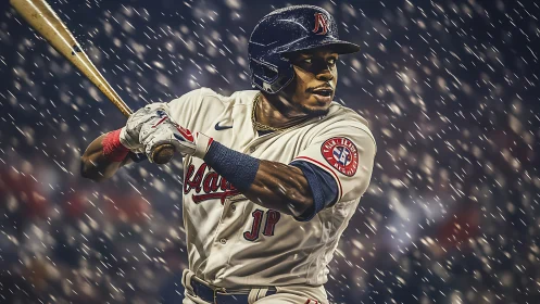 Baseball slugger focuses under stadium lights and falling rain