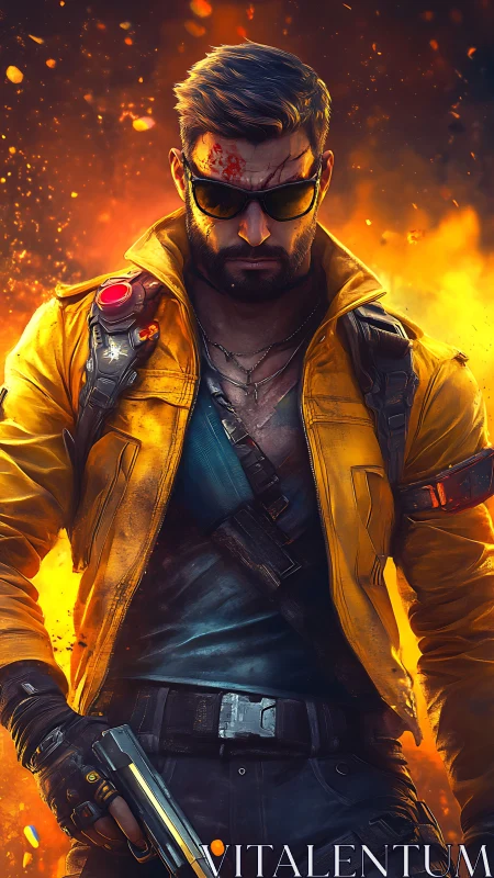 Battle hardened gunman in yellow jacket amid explosions.