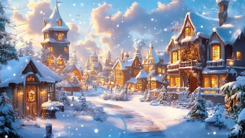 Snowy winter village glows with warm festive lights at dusk.