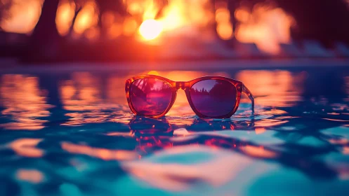Sunlit poolside sunglasses glowing in a dreamy sunset scene.