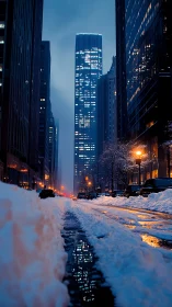 Nocturnal snow corridor framing luminous highrise core.