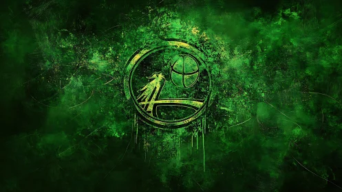 Green abstract emblem with circular symbol and texture backdrop.