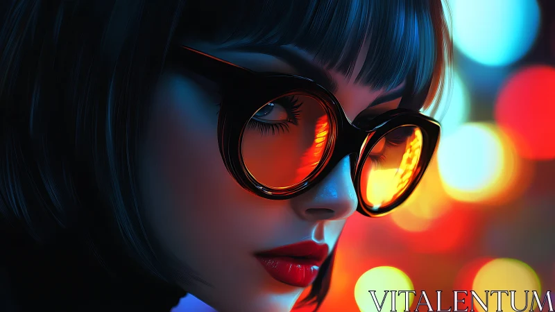 Side profile of woman with glasses in neon light environment.