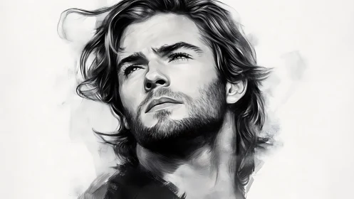 Monochrome male portrait with expressive upward gaze.