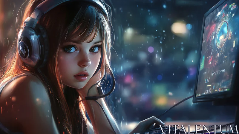 Digital illustration shows gamer at monitor during rainfall