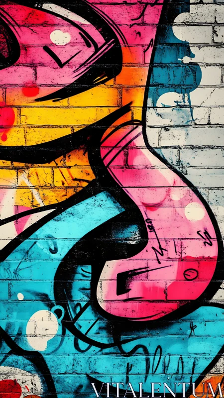 Bold street graffiti curves explode across brick wall.