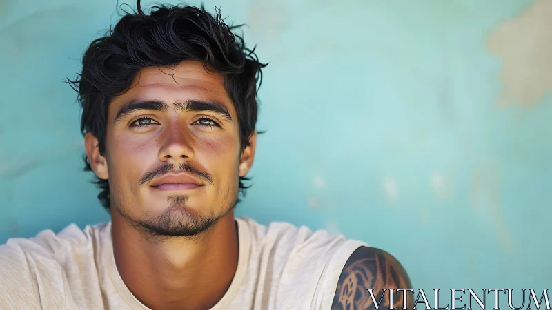 Young man with tattooed shoulder sits against turquoise wall