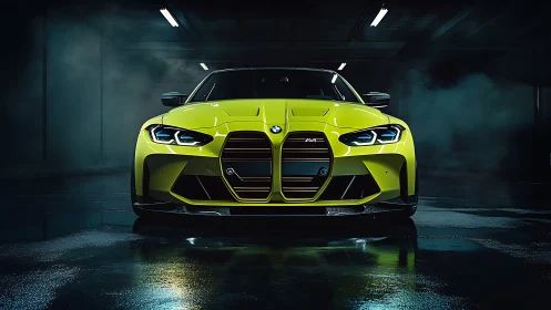 Neon yellow BMW sports coupe dominates moody wet garage