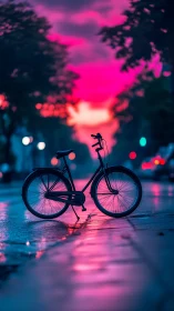 Bicycle in Neon Twilight: Urban Silhouette Against Magenta Sky.
