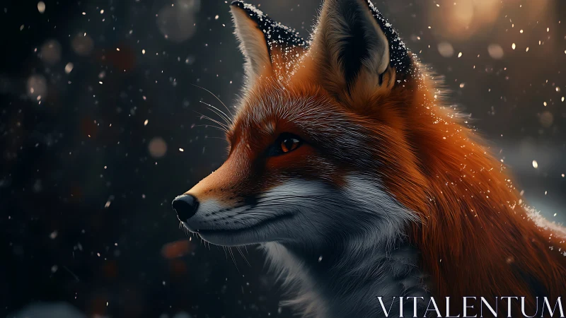 Winter fox gazes softly through drifting evening snow
