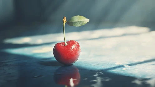 Sunlit cherry standing tall on a quiet blue morning.