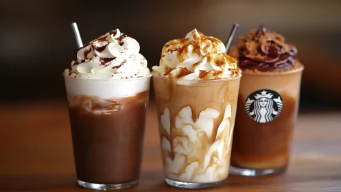 Whipped-cream crowned iced coffees in caramel daydream parade.