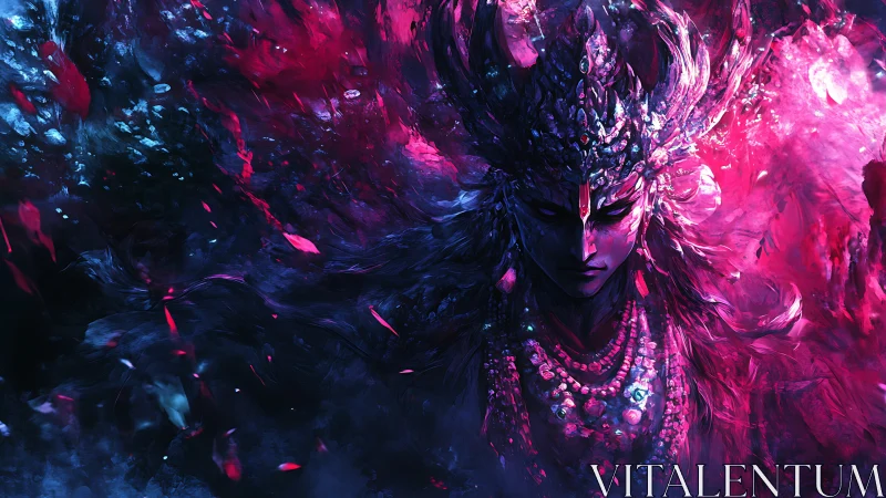 Crystalline dusk goddess emerging from a storm of neon embers.