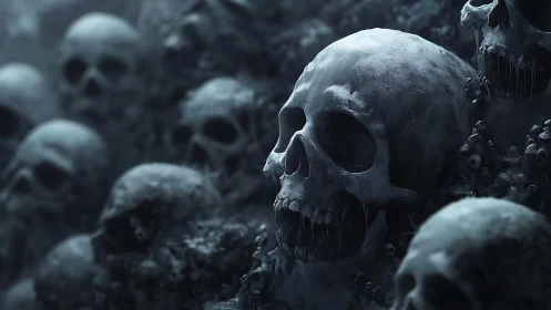Monochrome ossuary skullscape rendered with cinematic depth lighting