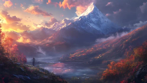 Majestic snow peak towers over serene autumn valley at dawn.