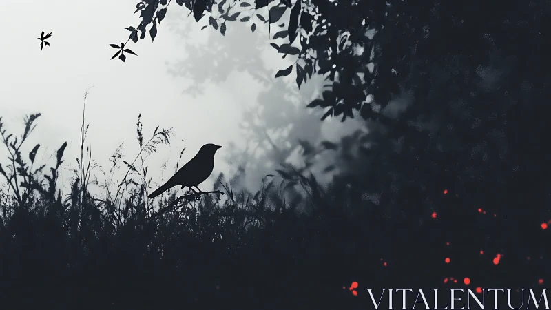 Solitary bird watches a misty forest horizon ignite softly